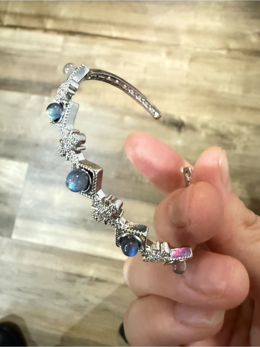 Silver‑Tone Natural Moonstone Open Cuff Bangle Adjustable Bracelet